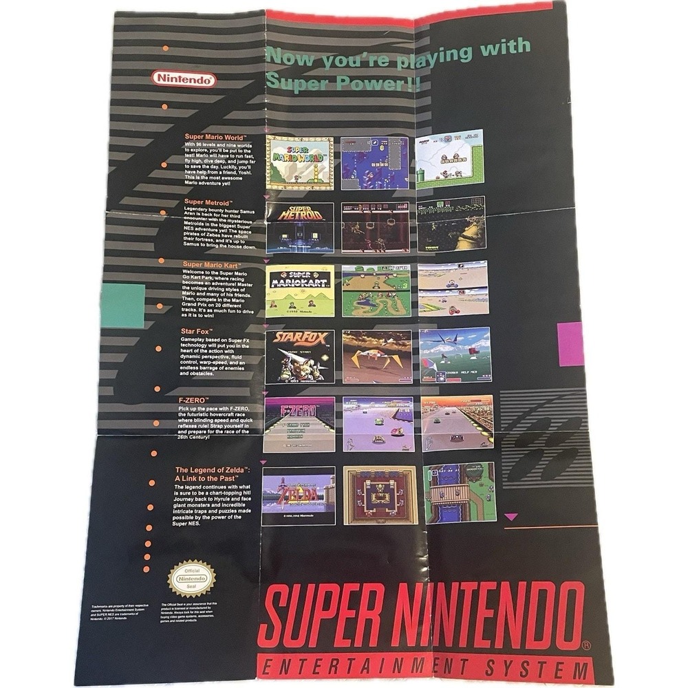 Vintage 1991 SNES Super Nintendo Set Up Instructions 2 Sided Poster